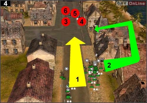Pozwól sojuszniczej piechocie biec tak jak pokazuje to strzałka [1], sam natomiast wybierz drogę okrężną, za budynkiem (strzałka [2]) - [Alianci] Misja 6 [Opis 2] w Codename Panzers - Faza Pierwsza - Codename: Panzers - Faza Pierwsza - poradnik do gry