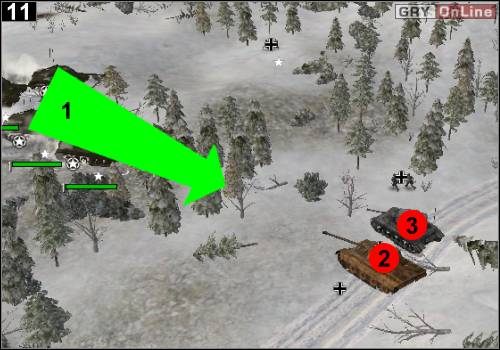 Potem skręć w prawo i zjedź do drogi, jak pokazuje to strzałka [1] - [Alianci] Misja 8 [Opis 4] w Codename Panzers - Faza Pierwsza - Codename: Panzers - Faza Pierwsza - poradnik do gry