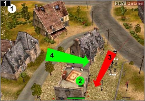 Zajmij szybko skład w [1], wejdź ludźmi z pistoletami maszynowymi do budynku w [2] - [Alianci] Misja 9 [Opis 1] w Codename Panzers - Faza Pierwsza - Codename: Panzers - Faza Pierwsza - poradnik do gry
