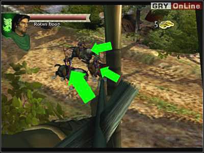 Druga część będzie bardziej niebezpieczna, bowiem prócz dwóch zwykłych rycerzy (dwie mniejsze strzałki) napotkasz także łucznika wskazanego większą strzałką - Poradnik do gry - Las Sherwood - Leśna zasadzka | Robin Hood - Robin Hood: Defender of the Crown - poradnik do gry