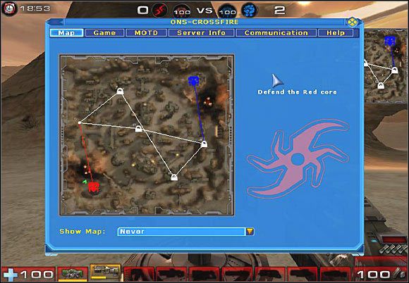 Jest to ekran z trybu Onslaught, w innym trybach nie zobaczycie mapy, natomiast zobaczycie cenne informacje - Ekran rozgrywki | Unreal Tournament 2004 - Unreal Tournament 2004 - poradniki