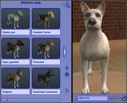 Kolejny krok to stworzenie psa lub wybranie rasy spośród istniejących (około 51 ras psów) oraz koloru i umaszczenia - Tworzenie psów | Zwierzaki | The Sims 2 - The Sims 2 - Pełna Kolekcja - poradniki