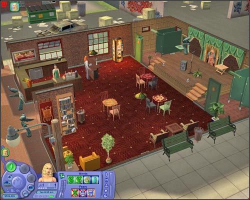 W kawiarni Simy mogą poznać wiele nowych osób, a także podjąć się występów na scenie. - Parcele publiczne | Osiedlowe życie | The Sims 2 - The Sims 2 - Pełna Kolekcja - poradniki