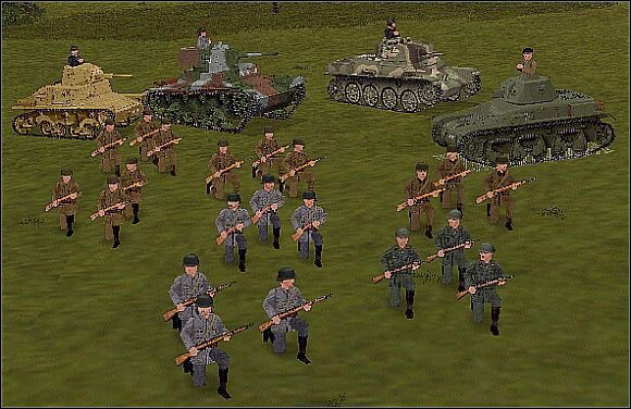 Jednostki pozostałych krajów Osi, 1941 - od lewej Rumuni (3 drużyny), Finowie (2 drużyny), Włosi (bliżej) i Węgrzy (dalej) - Pozostali | Strony konfliktu | Combat Mission 2 Barbarossa to Berlin - Combat Mission 2: Barbarossa to Berlin - poradnik do gry