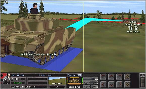 Dobra pozycja Hull Down to nie tylko zmniejszenie szansy trafienia przez przeciwnika, ale także możliwość szybkiego wycofania się w przypadku napotkania przeważających sił wroga - Czołgi - Ruch | Rodzaje wojsk | Combat Mission 2 Barbarossa to Berlin - Combat Mission 2: Barbarossa to Berlin - poradnik do gry