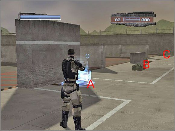 Tutaj musisz przy pomocy klawisza C przylec do ściany (A) i na stojąco zestrzelić 2 cele, potem przy następnej ściance (B), tym razem przykucnąwszy zestrzelić 4 manekiny - Misja 1 - Start Your Engine | kill.switch - kill.switch - poradnik do gry