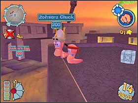 W drugiej turze robimy to samo, co w pierwszej, czyli wskakujemy kolejnym robakiem w naszej drużynie na budynek [1] i zrzucamy stojącego tam przeciwnika - Kampania egipska [misja 2] | Worms Forts Oblężenie - Worms Forts: Oblężenie - poradnik do gry