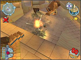 Budujemy znaleziony w paczce [a] zamek w punkcie [1] i rozpoczynamy atakować Kasztel [2] - Kampania egipska [misja 4] | Worms Forts Oblężenie - Worms Forts: Oblężenie - poradnik do gry