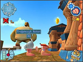 Na początek zajmijmy się strażą, być może zniszczą kilka posiadanych przez nas budynków, ale nie przejmujmy się tym, tylko spokojnie pojedynczo ich likwidujmy - Kampania grecka [misja 7] | Worms Forts Oblężenie - Worms Forts: Oblężenie - poradnik do gry