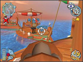 Następnie zajmujemy się piratem Fajkiem [3] - możemy go zdjąć wychodząc na zamek i celując z działka wielolufowego, w razie potrzeby powtarzamy zabieg jeszcze raz - Kampania grecka [misja 8] | Worms Forts Oblężenie - Worms Forts: Oblężenie - poradnik do gry