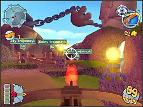 Na początku zdobywamy pierwszy punkt kluczowy [1] wznosząc tam wieżę, następnie celujemy z kuszy w i tak bardzo słaba twierdzę wroga - Kampania grecka [misja10] | Worms Forts Oblężenie - Worms Forts: Oblężenie - poradnik do gry