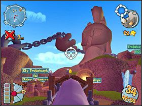 Budujemy kasztel [2] , z którego będziemy mogli wypuścić nosorożca, jeżeli zrobimy to mniej więcej tak, jak na obrazku obok i odpowiednio nim pokierujemy, z twierdzy żółtych pozostają strzępy - Kampania grecka [misja10] | Worms Forts Oblężenie - Worms Forts: Oblężenie - poradnik do gry