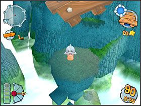 Gdy jesteśmy już na kamieniu najbliżej lądu, nad głową budujemy belkę, wskakujemy na nią i stamtąd wykonujemy podwójne salto i już jesteśmy na lądzie, teraz wystarczy zabrać świętego Graala - Kampania średniowieczna [misja 19] | Worms Forts Oblężenie - Worms Forts: Oblężenie - poradnik do gry