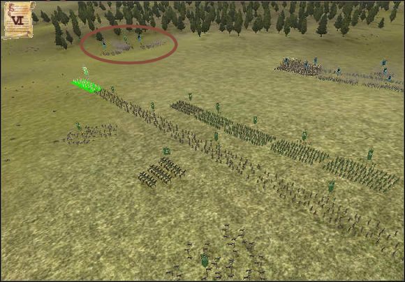 Wróg posiadając kawalerię, zawsze stara się nas okrążyć. My z kolei powinniśmy zadbać, aby wroga konnica trafiła na naszych jeźdźców, jak stało się to na screenie powyżej. - Ustawienie wojsk przed bitwą w Rome Total War | Bitwy - Rome: Total War - poradnik do gry