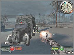 Uważaj ponieważ zza ukazanej na screenie ciężarówki wyskoczy dwóch wrogich żołnierzy - Spotkanie (4) | Misja 1 | Mortyr 2 For Ever - Mortyr 2: For Ever - poradnik do gry