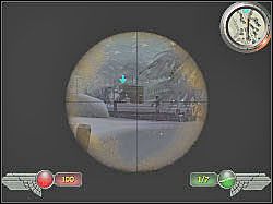 Niedaleko budynku oznaczonego niebieską strzałką ukrył się pojedynczy przeciwnik, dobrze jest zdjąć go przy użyciu snajperki - Gen von Stropp (1) | Misja 2 | Mortyr 2 For Ever - Mortyr 2: For Ever - poradnik do gry