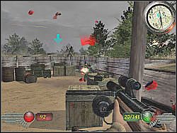 Uważaj, ponieważ miejsce, w którym ukryto materiały wybuchowe, jest strzeżone przez dobrze uzbrojonego żołnierza - Okopy (1) | Misja 3 | Mortyr 2 For Ever - Mortyr 2: For Ever - poradnik do gry