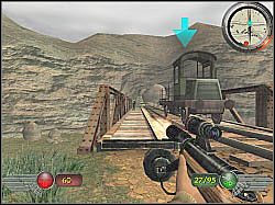 Stojącą na szynach drezynę chwilowo zignoruj, zajmij się natomiast okolicznymi przeciwnikami ze szczególnym uwzględnieniem tego, który znajduje się na moście - Stacja Negotin (3) | Misja 6 | Mortyr 2 For Ever - Mortyr 2: For Ever - poradnik do gry