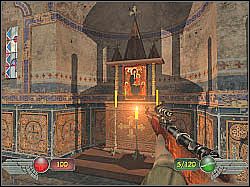 Przycisk, o którym była mowa w wierszu, znajduje się za ukazaną na screenie konstrukcją - Katedra (2) | Misja 9 | Mortyr 2 For Ever - Mortyr 2: For Ever - poradnik do gry