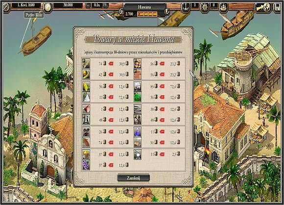 Jak widać, Cukier i Bawełna to towary zużywane w największych ilościach. - Poradnik do gry - Startujemy: Hiszpania - Hawana w Port Royale 2 - Port Royale 2 - poradnik do gry