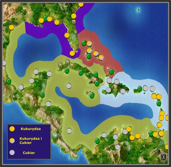Podział Karaibów między sferę, w której produkuje się Kukurydzę i sferę produkcji Cukru jest bardzo wyraźny. - Handel Kukurydzą i Cukrem w Port Royale 2 - Port Royale 2 - poradnik do gry