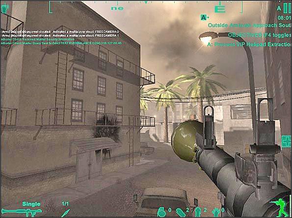 Skrzyneczki zaraz po wyjściu z hangaru stanowią idealne miejsce do odpalenia rakiety - strzał w palmę może okazać się zabójczy dla wbiegającej przez lądowisko do szpitala eskorty - Ambush | SF Hospital | Americas Army Special Forces - Americas Army: Special Forces - poradnik do gry