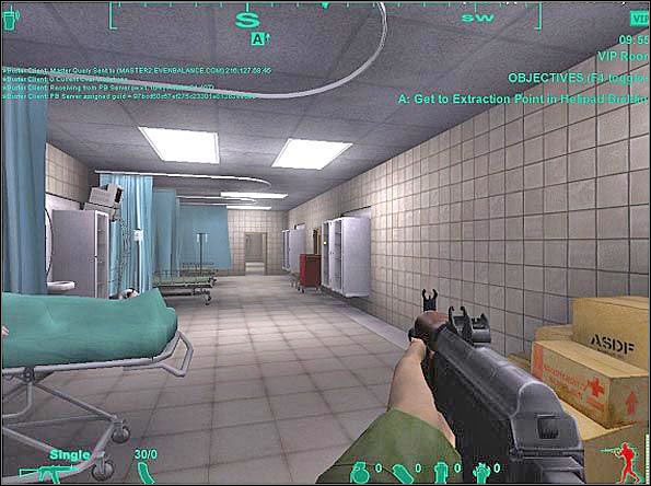 Drużyna eskorty składa się z VIP-a, czyli pacjenta tytułowego szpitala, jak i eskorty właściwiej - z pozoru sytuacja kuracjusza jest prawie beznadziejna: rozpoczyna on rozgrywkę w odosobnionym miejscu w szpitalu, do tego jego stan zdrowia daleki jest od idealnego a karabin, w który jest wyposażony - Escort | SF Hospital | Americas Army Special Forces - Americas Army: Special Forces - poradnik do gry