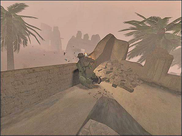 Dobry strzelec przy pomocy celownika z tej pozycji ustrzeli każdą głowę wychylającą się z ruin naprzeciw - Assault West (1) | SF Sandstorm | Americas Army Special Forces - Americas Army: Special Forces - poradnik do gry