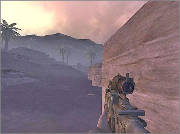 Zza widocznej naprzeciwko skały często latają rakiety RPG; uważaj, aby nie wychylać się za bardzo, bo może to zauważyć operator tejże wyrzutni i wystrzelić jedną w Twoją stronę - Defense (1) | SF Oasis | Americas Army Special Forces - Americas Army: Special Forces - poradnik do gry