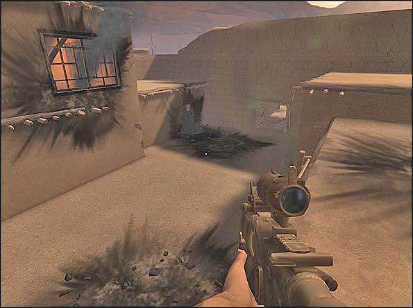 Stoisz na daszku tuż przy punkcie B; brama, którą widać nieopodal, prowadzi od A - Defense | SF Village | Americas Army Special Forces - Americas Army: Special Forces - poradnik do gry