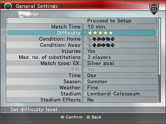 Jest to menu przedmeczowe zawierające generalne ustawienia dotyczące rozgrywki, nie dotyczące natomiast ustawień zespołu - Ustawienia przedmeczowe | Pro Evolution Soccer 4 - Pro Evolution Soccer 4 - poradnik do gry