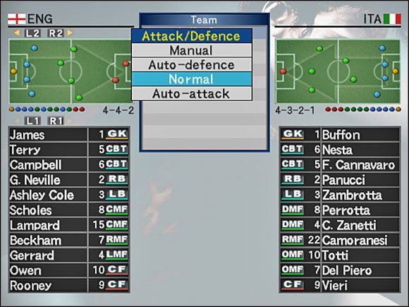 Attack/Defense - możemy wybrać jedno z ustawień dla ataku i obrony - Attack/Defense | Ustawienia zespołu | Pro Evolution Soccer 4 - Pro Evolution Soccer 4 - poradnik do gry