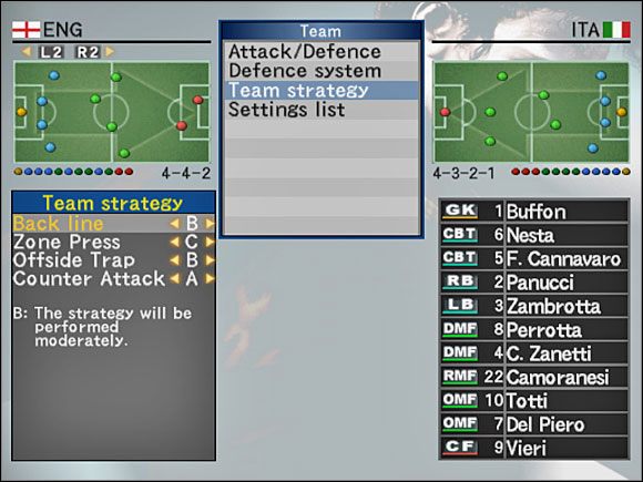 Team strategy - bardzo prosta opcja, pozwalająca ustawić pewne parametry strategiczne - Team strategy | Ustawienia zespołu | Pro Evolution Soccer 4 - Pro Evolution Soccer 4 - poradnik do gry