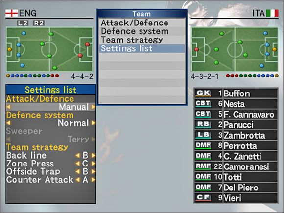 Settings list - lista ustawień - Settings list | Ustawienia zespołu | Pro Evolution Soccer 4 - Pro Evolution Soccer 4 - poradnik do gry