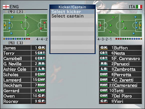 Kicker/Captain - wybór zawodnika/ów którzy będą wykonywać stałe fragmenty gry bądź tego, którego ramię przyozdobi kapitańska opaska - Kicker/Captain | Ustawienia zespołu | Pro Evolution Soccer 4 - Pro Evolution Soccer 4 - poradnik do gry