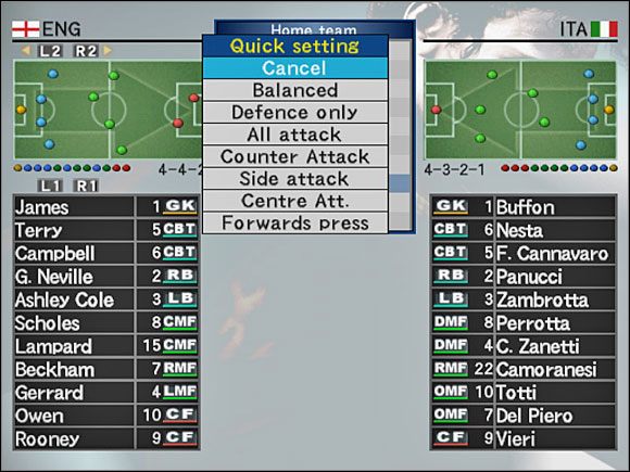 Quick setting - czyli szybkie ustawienia - Quick setting | Ustawienia zespołu | Pro Evolution Soccer 4 - Pro Evolution Soccer 4 - poradnik do gry