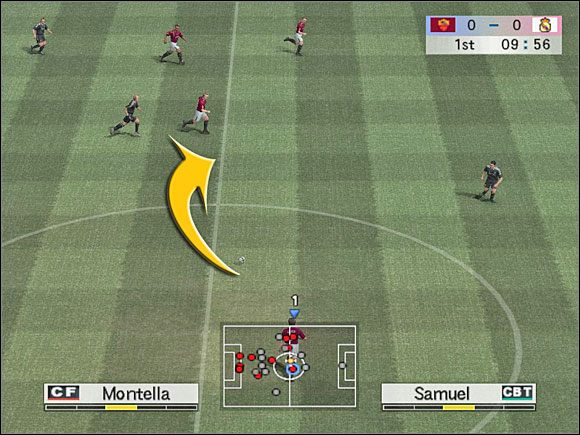 L1 + X, trójkąt - jest to modyfikacja powyższego zagrania - Zagrania one-two | Zagrania | Pro Evolution Soccer 4 - Pro Evolution Soccer 4 - poradnik do gry