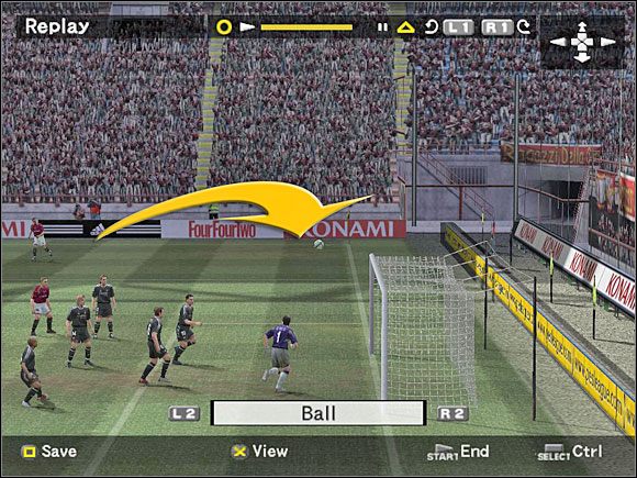 L1 + kwadrat - jest to uderzenie wysokim lobem nad wychodzącym z bramki bramkarzem - Strzały, zwody i inne zagrania (2) | Zagrania | Pro Evolution Soccer 4 - Pro Evolution Soccer 4 - poradnik do gry