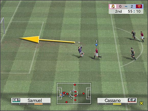 R1 + kwadrat - to samo co wyżej, z tym, że strzał to niski lob - Strzały, zwody i inne zagrania (2) | Zagrania | Pro Evolution Soccer 4 - Pro Evolution Soccer 4 - poradnik do gry