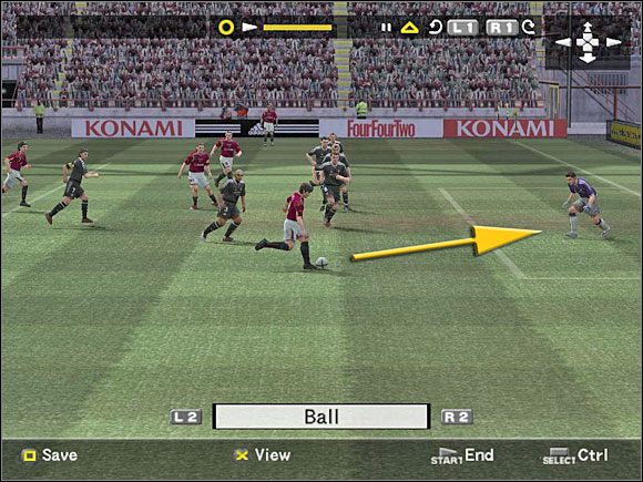 R2 + kwadrat - stosunkowo mocny i często podkręcony strzał - Strzały, zwody i inne zagrania (2) | Zagrania | Pro Evolution Soccer 4 - Pro Evolution Soccer 4 - poradnik do gry
