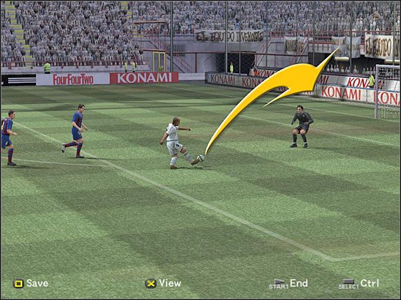 Drive Shot - oddanie strzału w chwili, gdy piłka ma już dotknąć ziemi - Strzały, zwody i inne zagrania (3) | Zagrania | Pro Evolution Soccer 4 - Pro Evolution Soccer 4 - poradnik do gry