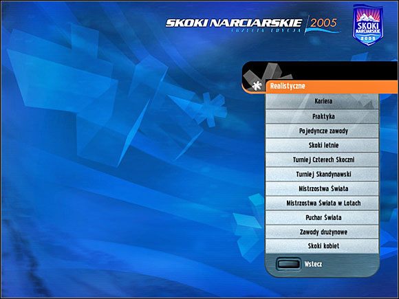 Do wyboru mamy 2 menu - Zręcznościowe i Realistyczne - Tryby, konkursy i inne | Skoki narciarskie 2005 - Skoki narciarskie 2005 - poradnik do gry