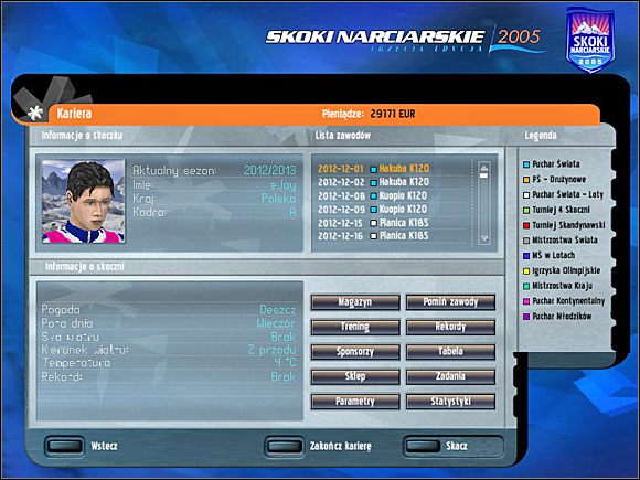 W menu głównym kariery mamy dostęp do wszystkich ważniejszych opcji - Kariera - menu główne | Skoki narciarskie 2005 - Skoki narciarskie 2005 - poradnik do gry