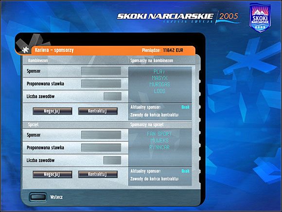 Dzięki sponsorom mamy kasę, którą możemy przeznaczyć na trening, trenera bądź na nowy sprzęt - Kariera - Treningi, Sponsorzy, Parametry | Skoki narciarskie 2005 - Skoki narciarskie 2005 - poradnik do gry