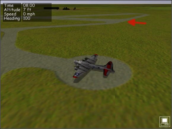 Strzałka wskazuje pas startowy. - Misja treningowa #1 - Start z lotniska - Misje - B-17 Flying Fortress II: The Mighty 8th - poradnik do gry