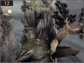 Po uzupełnieniu zdrowia przesuwamy się po wystającej półce skalnej na drugą stronę [11], aby zaraz potem dostać się na fragment skały dookoła otoczonej przepaścią [12] - Wrak - Plaża - teraźniejszość | Prolog, Wrak | Prince of Persia Dusza Wojownika - Prince of Persia: Dusza Wojownika - poradnik do gry