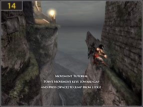 Ostrożnie przesuwając się po gzymsie [13] docieramy do końca, gdzie wykonujemy skok na drugą stronę skały [14] - Wrak - Plaża - teraźniejszość | Prolog, Wrak | Prince of Persia Dusza Wojownika - Prince of Persia: Dusza Wojownika - poradnik do gry