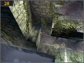 Przeskakujemy przez rozpadlinę [27] i wspinamy się po wystających półkach [28] - Zrujnowana forteca - Wejście do fortecy - teraźniejszość | Zrujnowana forteca, Pierwsze kroki w przeszłość - Prince of Persia: Dusza Wojownika - poradnik do gry