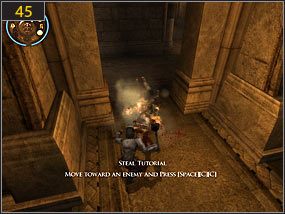 Po krótkiej scence wracamy się do korytarza, którym właśnie przyszliśmy [44] - z tą różnicą, iż teraz znajdujemy się w przeszłości - Pierwsze kroki w przeszłości - Wejście do fortecy - przeszłość | Zrujnowana forteca, Pierwsze kroki w przeszłość - Prince of Persia: Dusza Wojownika - poradnik do gry