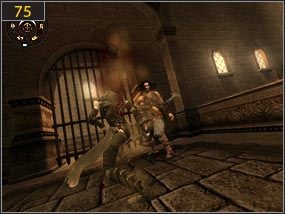 Z niego po cienkiej belce przechodzimy na drugą stronę [74], po czym walczymy z przeciwniczką [75] - Południowe przejście - przeszłość (2) | W pogoni za dziewczyną w czerni - Prince of Persia: Dusza Wojownika - poradnik do gry